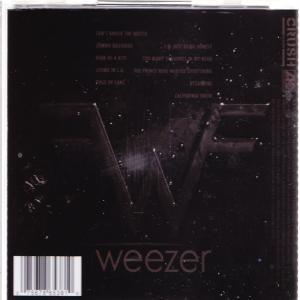CD-hoes. Weezer albumhoes. Zwarte achtergrond met witte tekst.