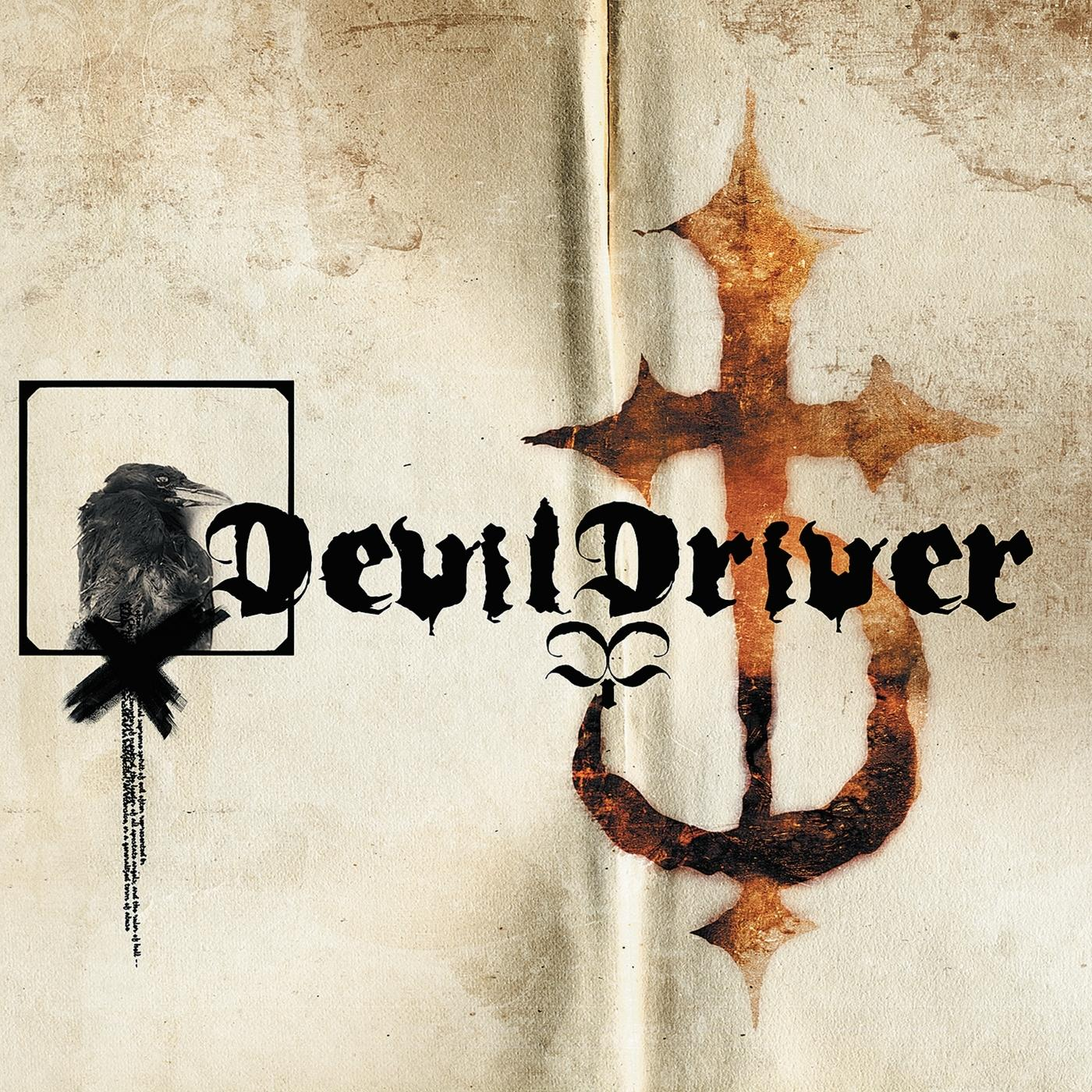 Albumcover von DevilDriver, mit einer schwarzen Krähe links und einem kreuzartigen Symbol rechts.