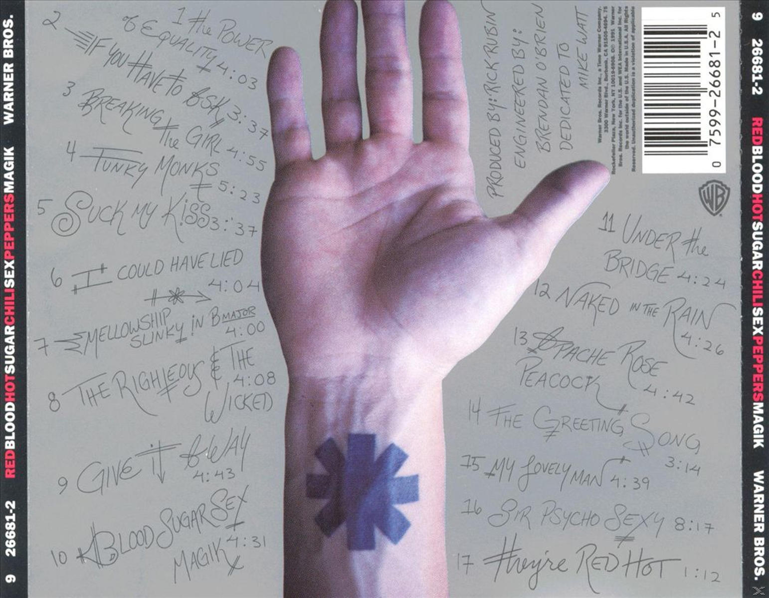 A Red Hot Chili Peppers Blood Sugar Sex Magik albumjának borítója, kéz tetoválással.