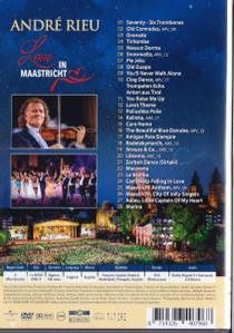 Achterkant van een dvd-hoes met tekst, met een concertpodium en een violist die speelt, en een tracklijst.