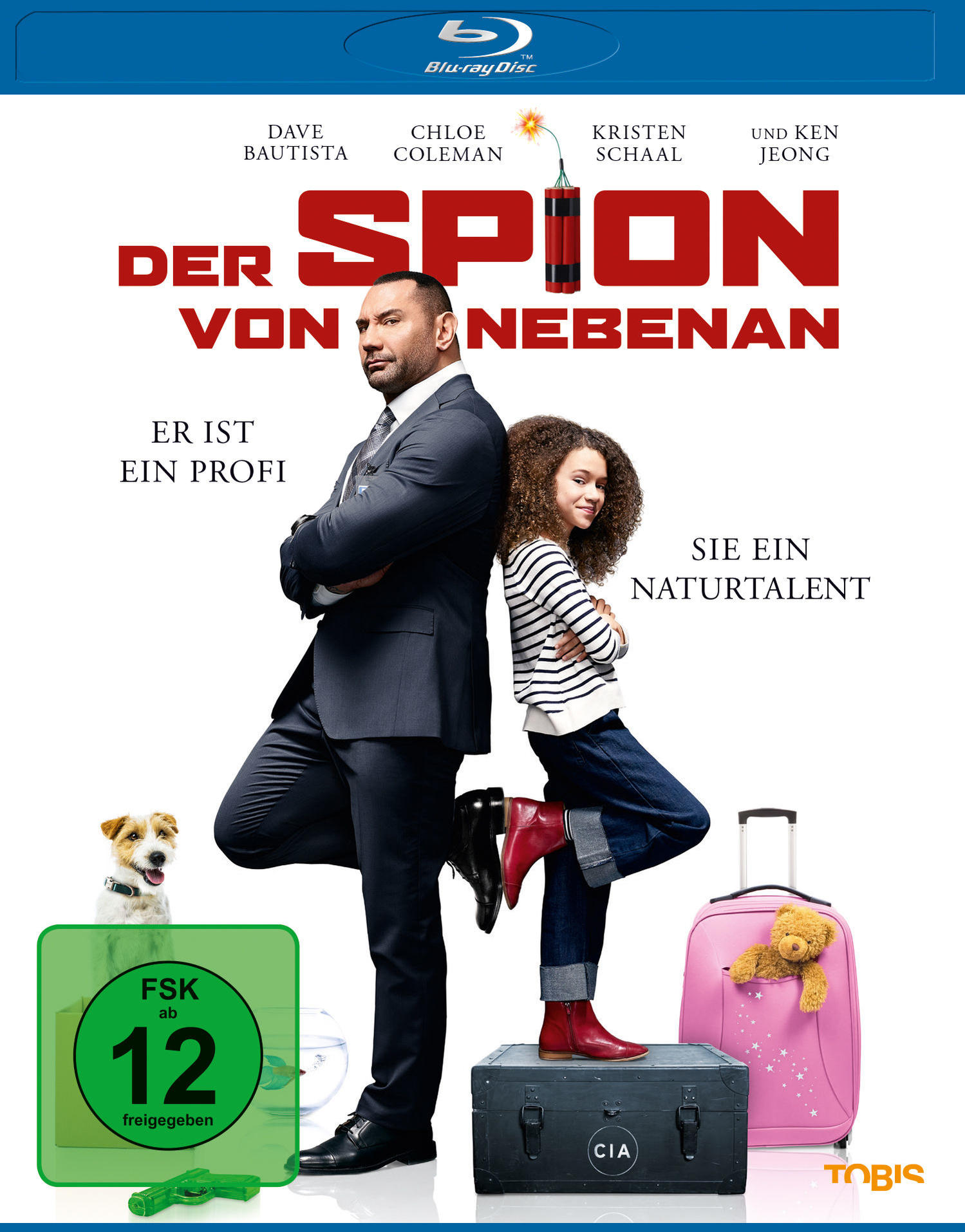 Filmplakat: Mann im Anzug, Mädchen mit Gepäck, Hund. Deutscher Titel.