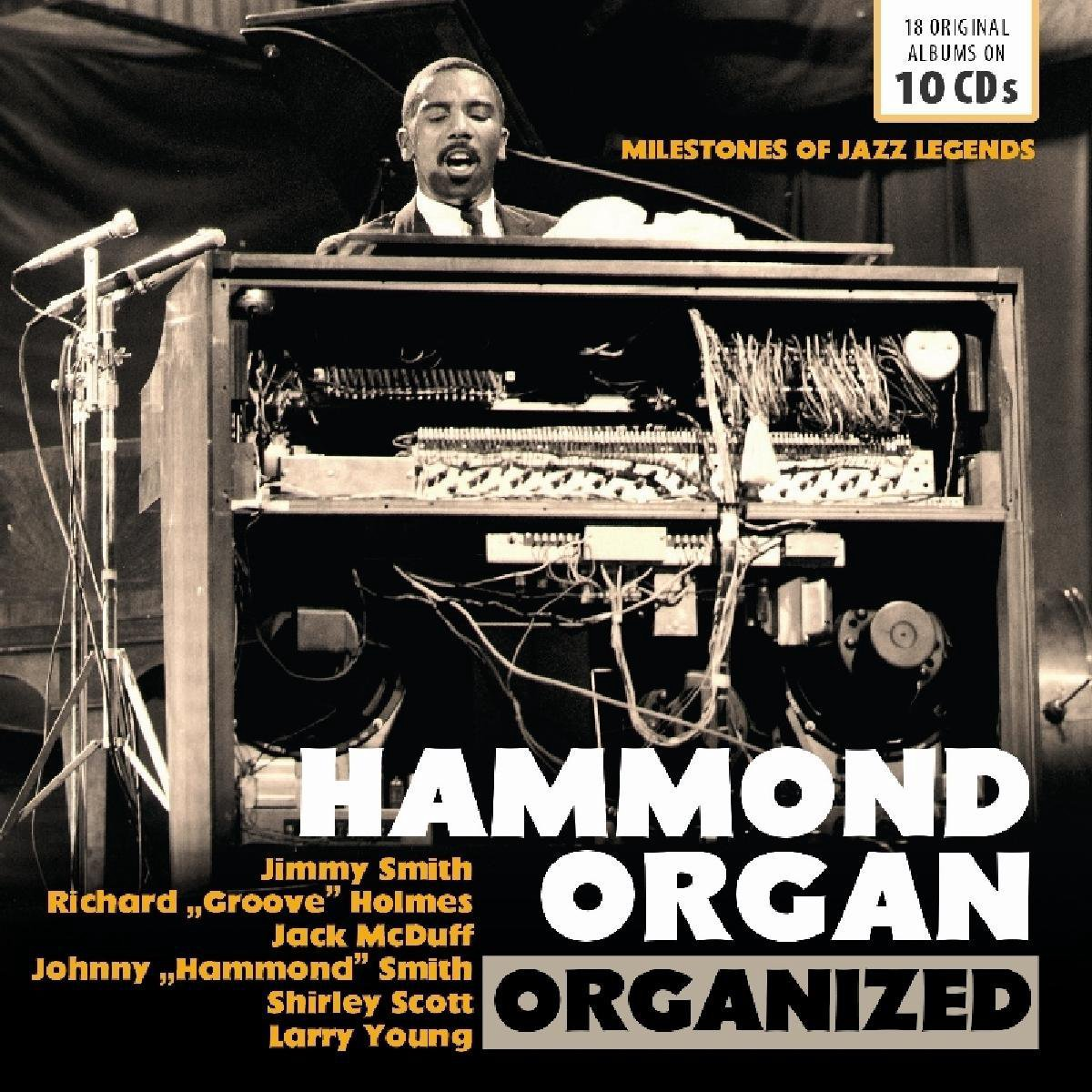 Pochette de l'album 'Hammond Organ Organized'. Un homme à l'orgue, texte sur l'orgue.