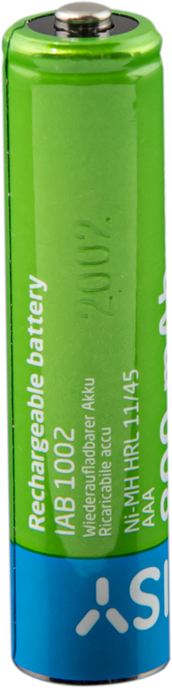 A green rechargeable AAA battery with blue base and white text, showing the brand and specifications.