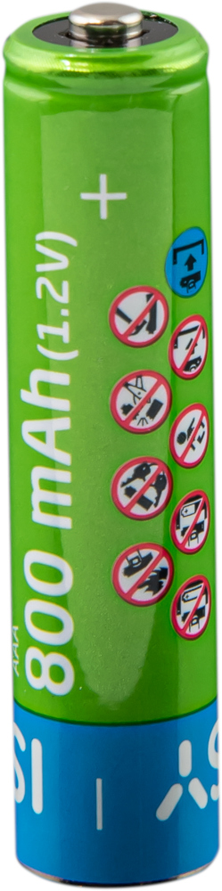 Green AAA battery with white plus sign and 800 mAh. Various warning symbols are printed on it.