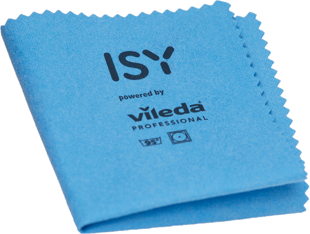 Blue microfiber cloth, folded. It has a logo and the words 'powered by Vileda Professional'.