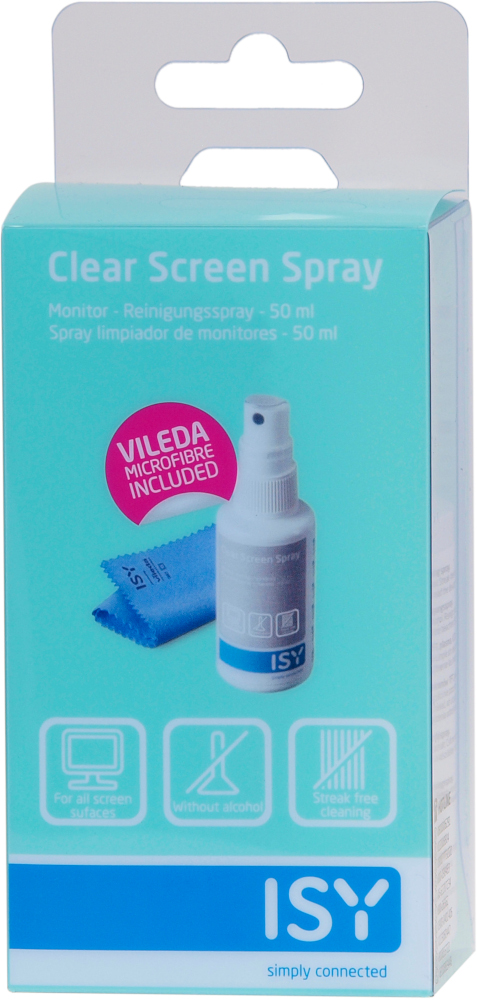 A box of ISY clear screen spray and a microfiber cloth, for cleaning monitors.