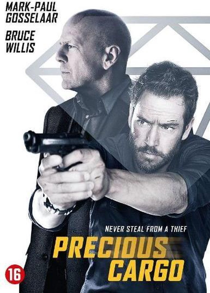 Affiche de film avec deux hommes : l'un tenant une arme, l'autre regardant. Titre : Precious Cargo.