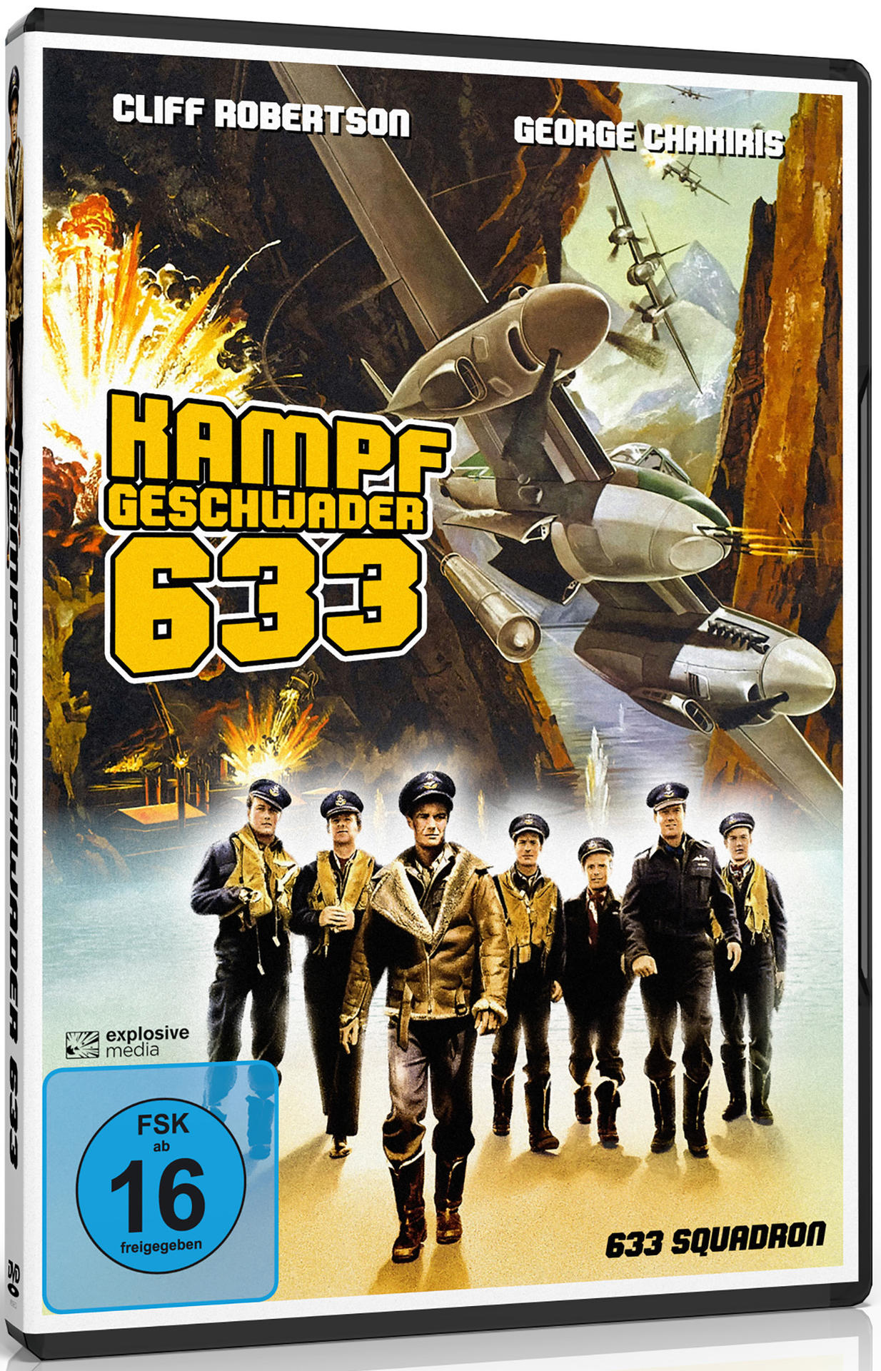 Filmposter mit Männern in Uniform, Flugzeugen am Himmel und dem Text 'Kampf Geschwader 633'.