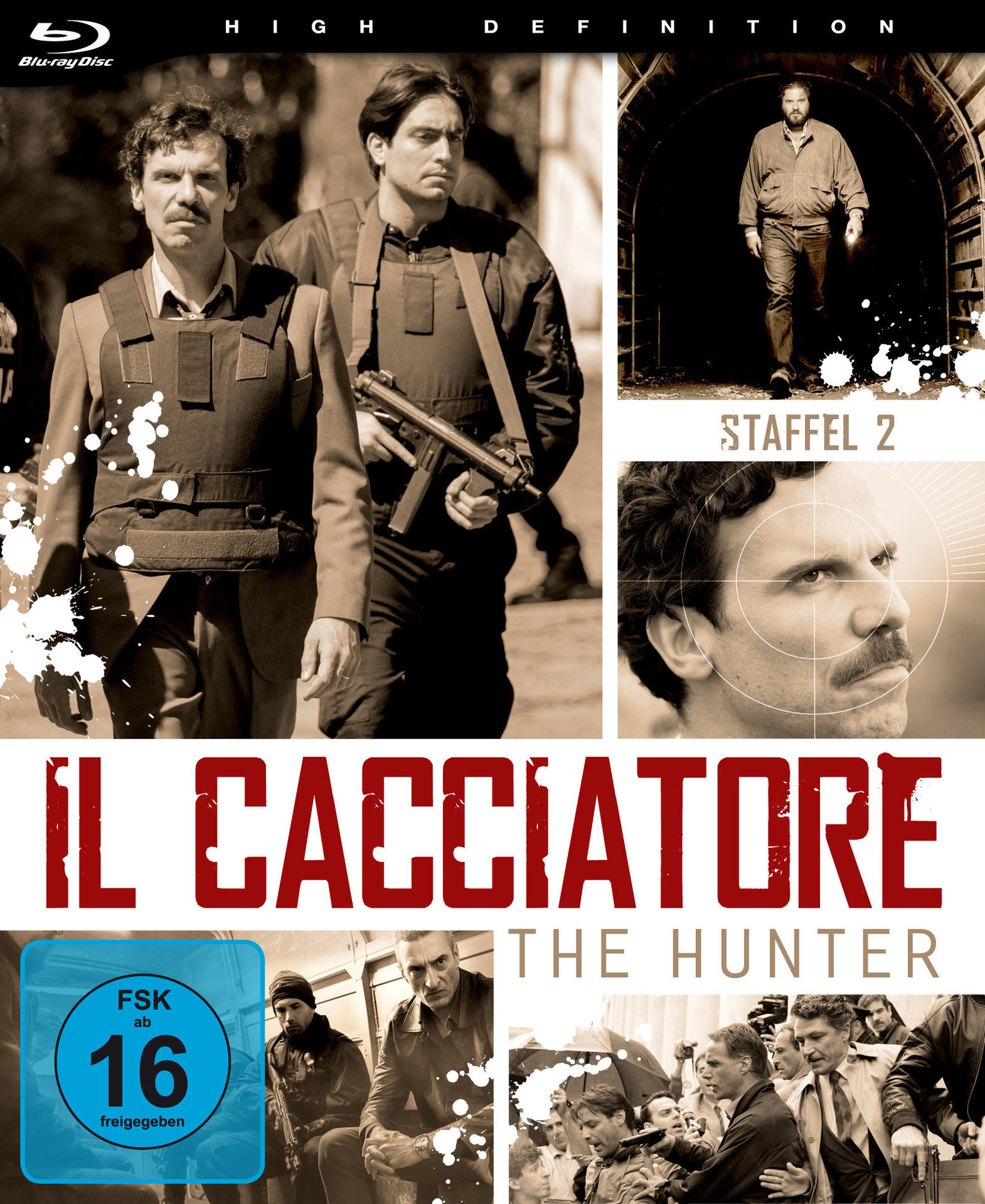 DVD-Cover für 'Il Cacciatore'. Enthält mehrere Szenen mit Männern in verschiedenen Umgebungen.