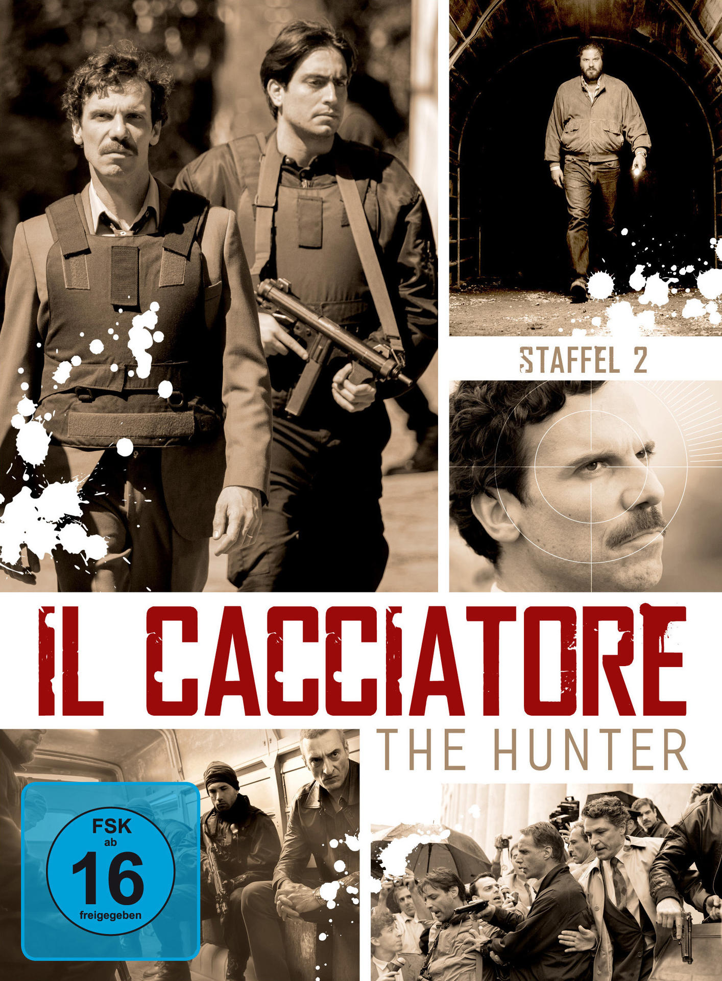DVD-Cover für 'Il Cacciatore' mit Schauspielern, Text und FSK 16-Rating. Szenen mit Personen und einer Waffe.
