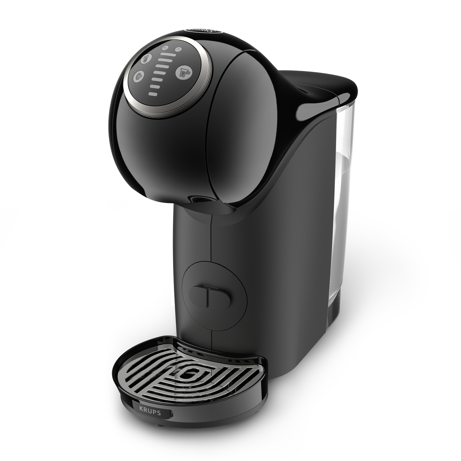 Zwarte koffiemachine met watertank, bedieningsknoppen en lekbak.