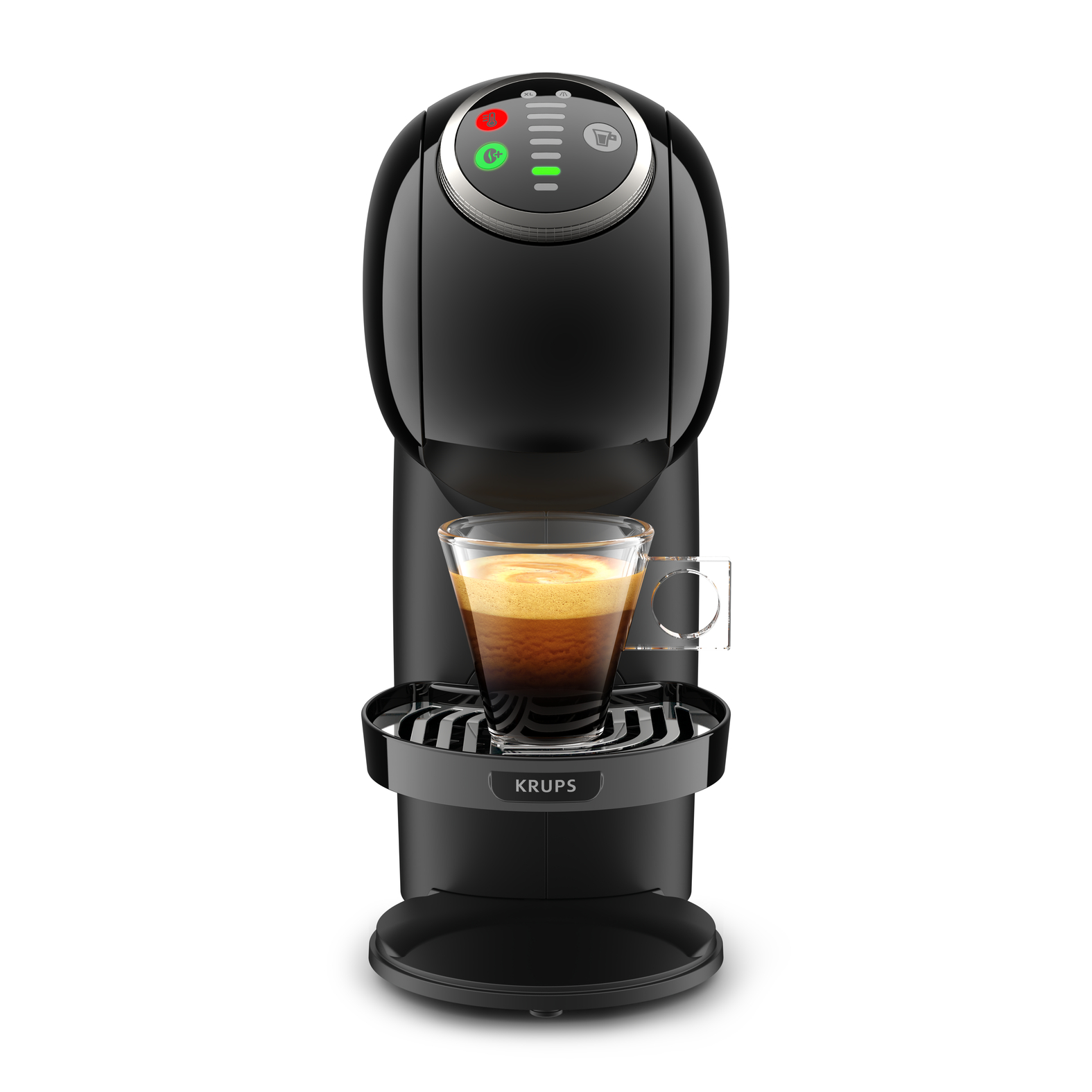 Zwarte Krups koffiemachine met een glazen kopje koffie. De machine heeft een rood en groen lampje.