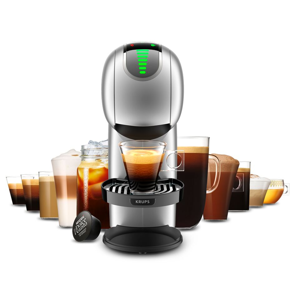 Een Krups Nescafe Dolce Gusto koffiemachine met diverse koffiedranken.