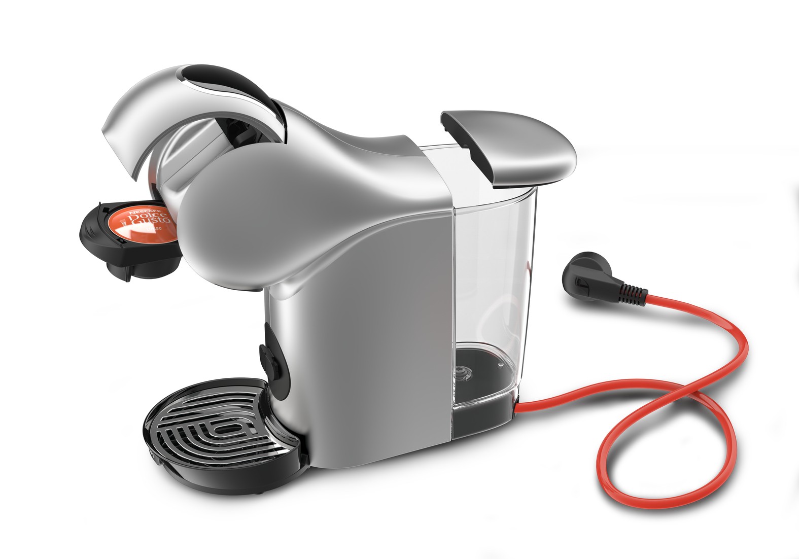 Een zilverzwarte Nespresso koffiemachine met een rood netsnoer, een oranje capsule in de dispenser.