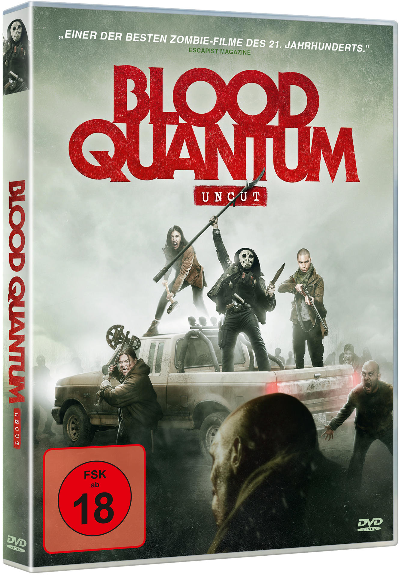 DVD-Cover für Blood Quantum, mit einer Zombie-Apokalypse-Szene und einer Bewertung.