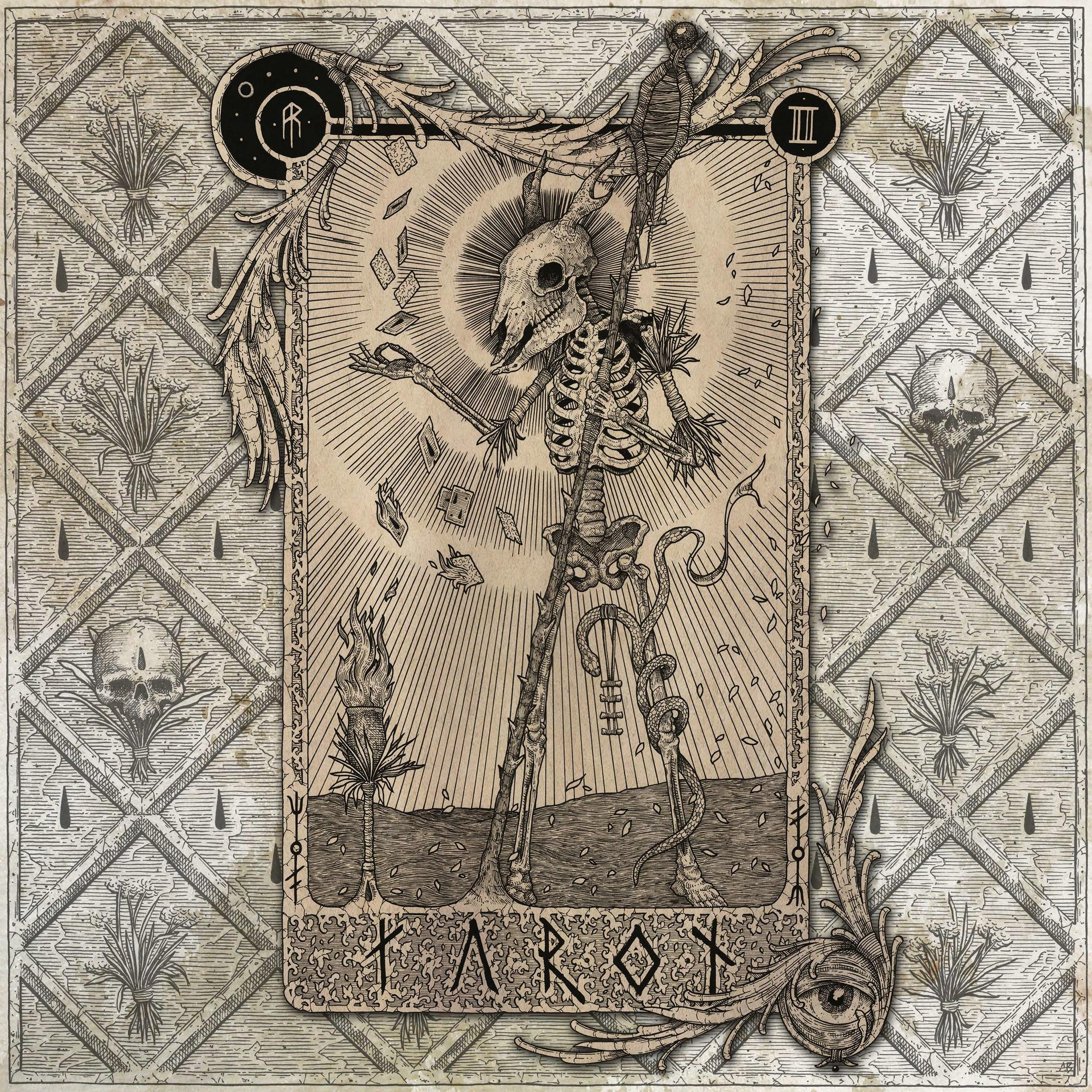 Tarotkartenkunst. Eine Skelettfigur steht mit ausgestreckten Armen. Der Hintergrund ist verziert.