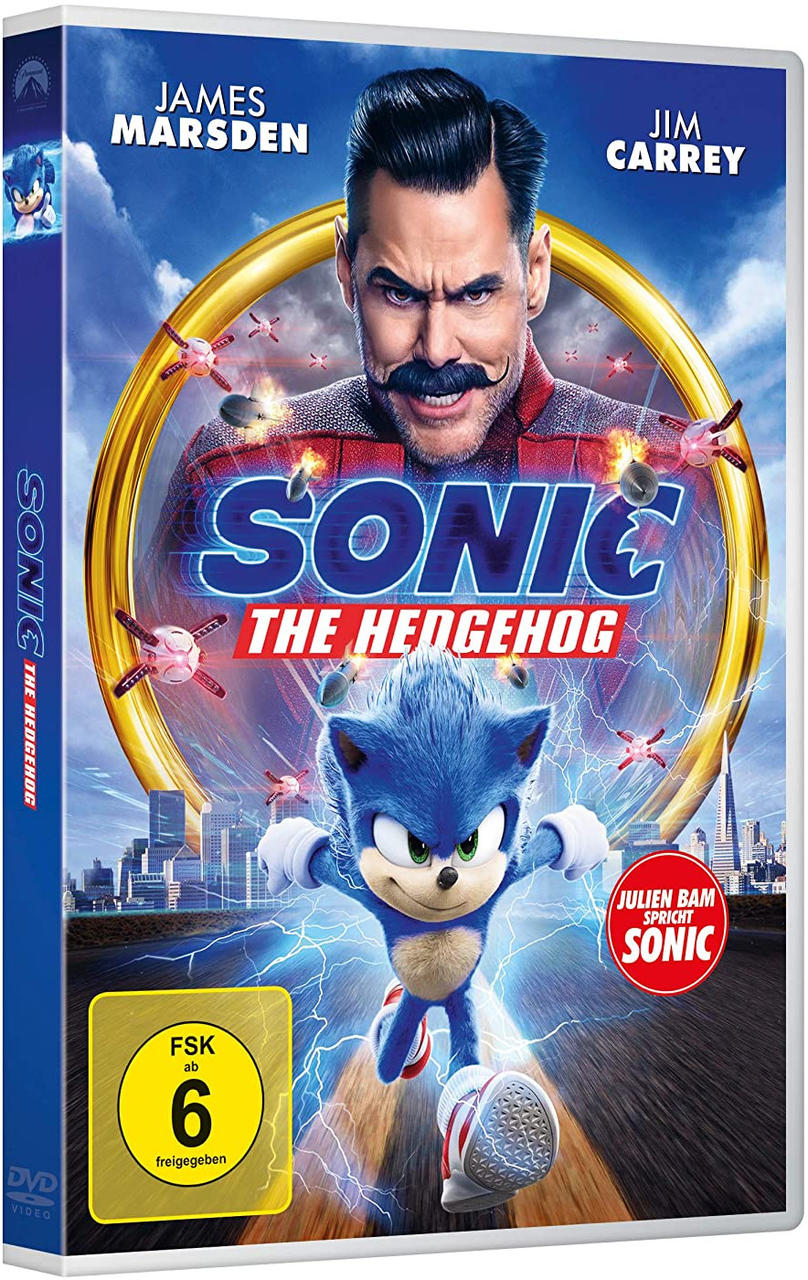 Sonic the Hedgehog DVD-Cover mit Sonic, Jim Carrey und dem Filmtitel.