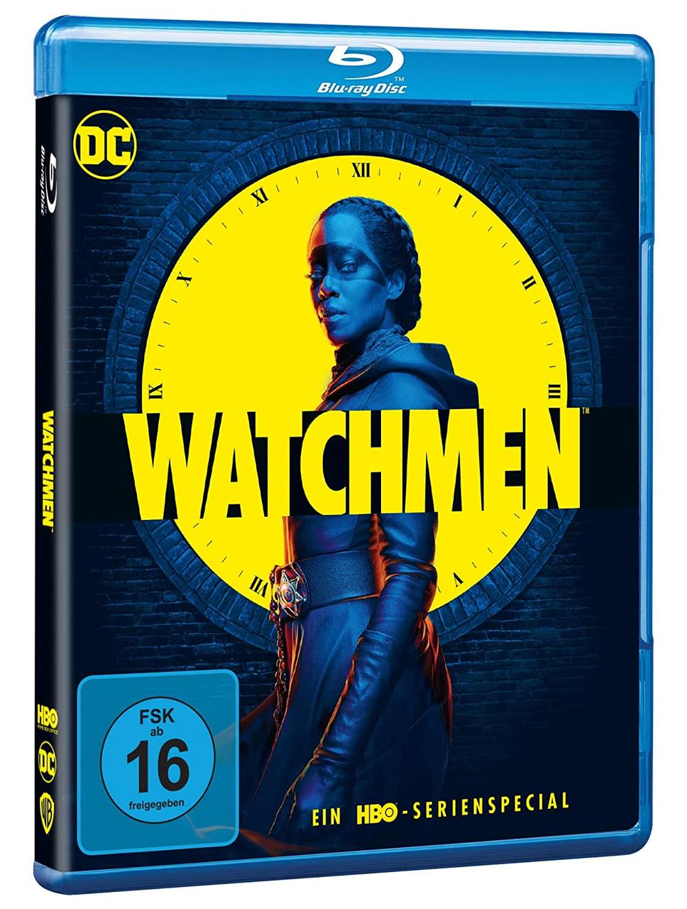 Blu-ray-Disc-Cover von Watchmen mit einer maskierten Frau vor einem Zifferblatt. Der Titel ist gelb.