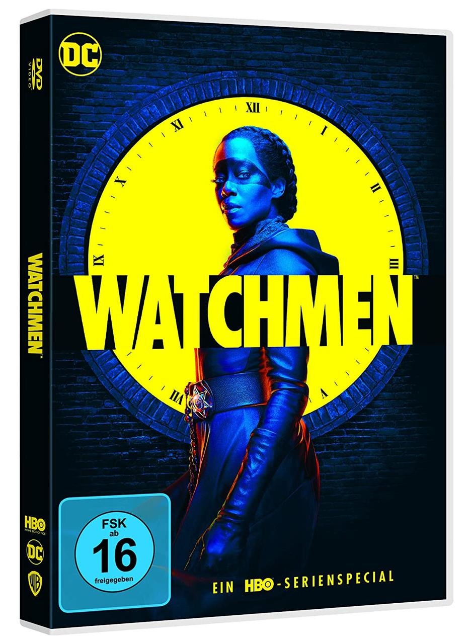 Eine DVD-Hülle für Watchmen mit einer Frau mit blauer Gesichtsbemalung.