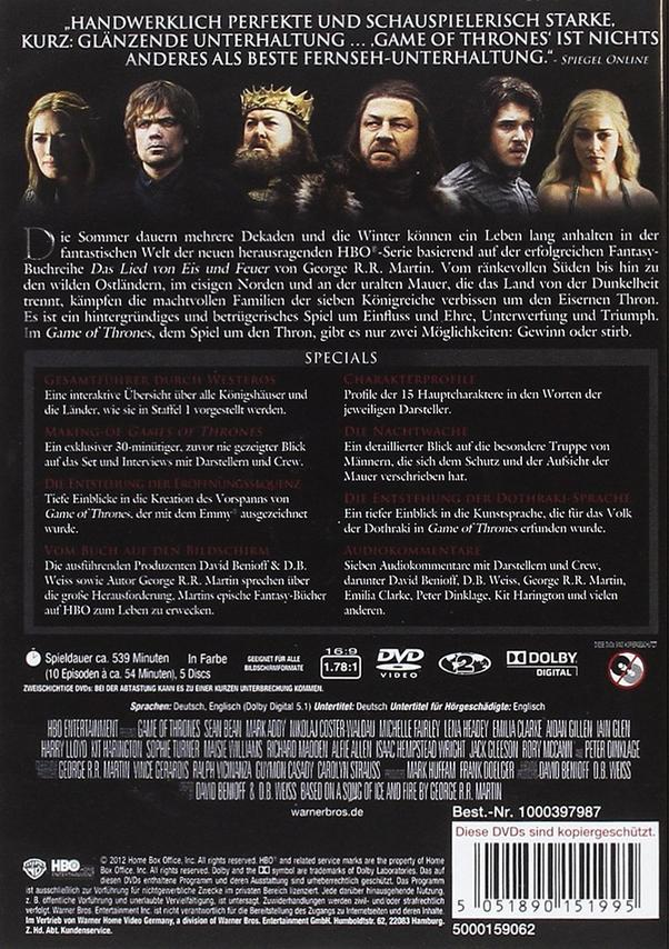 Rückseite der 'Game of Thrones' DVD mit Text und Bildern.