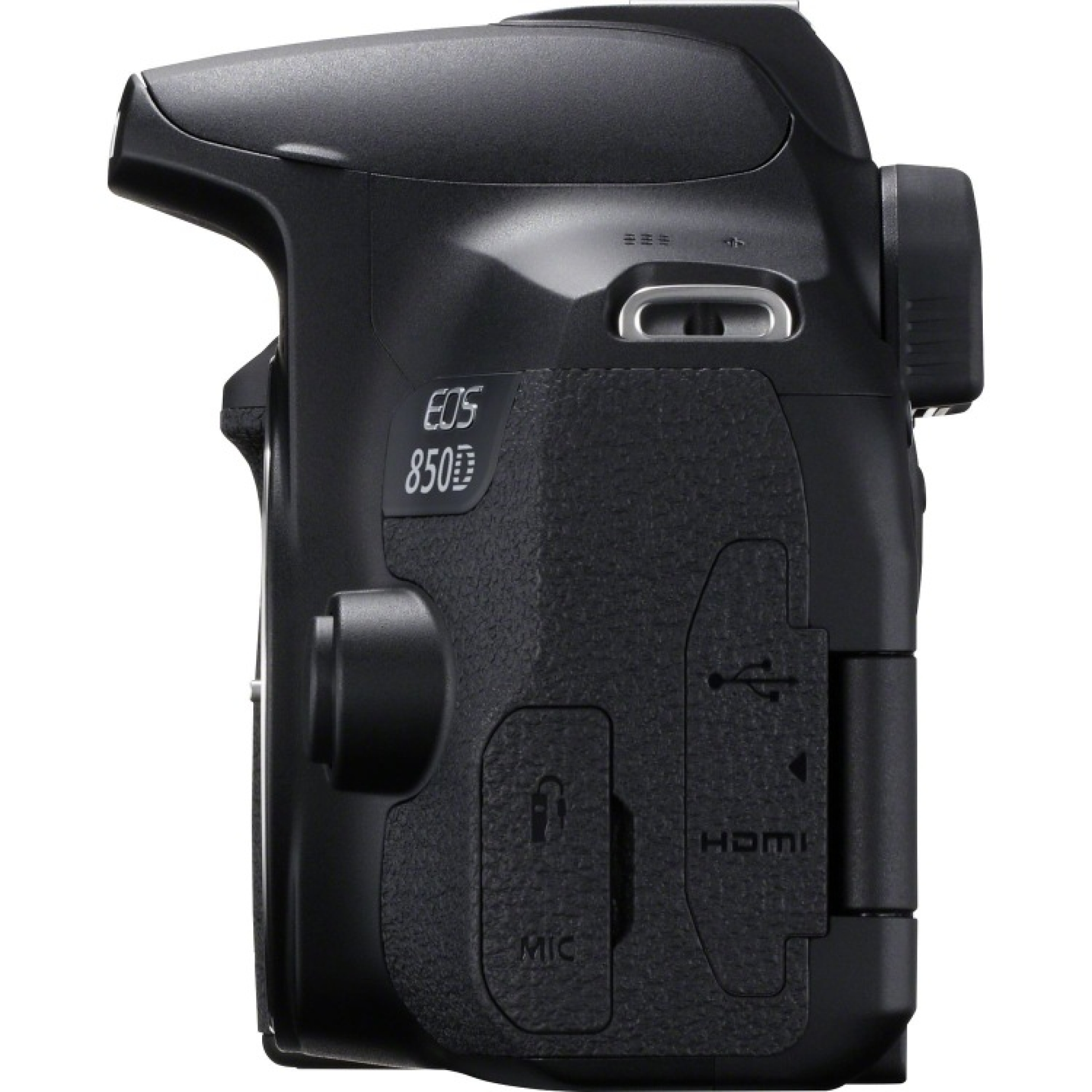 Una cámara Canon EOS 850D negra desde una vista superior. El lado muestra los puertos de micrófono y HDMI.