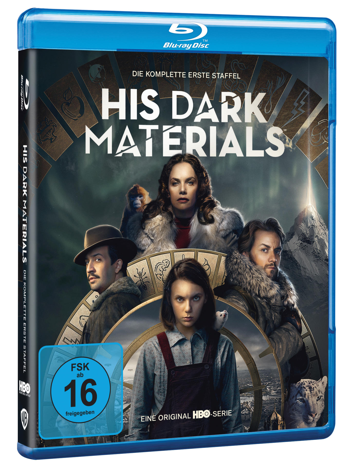 Blu-ray-Cover von His Dark Materials, mit Schauspielern und Titeltext auf blauem Hintergrund.