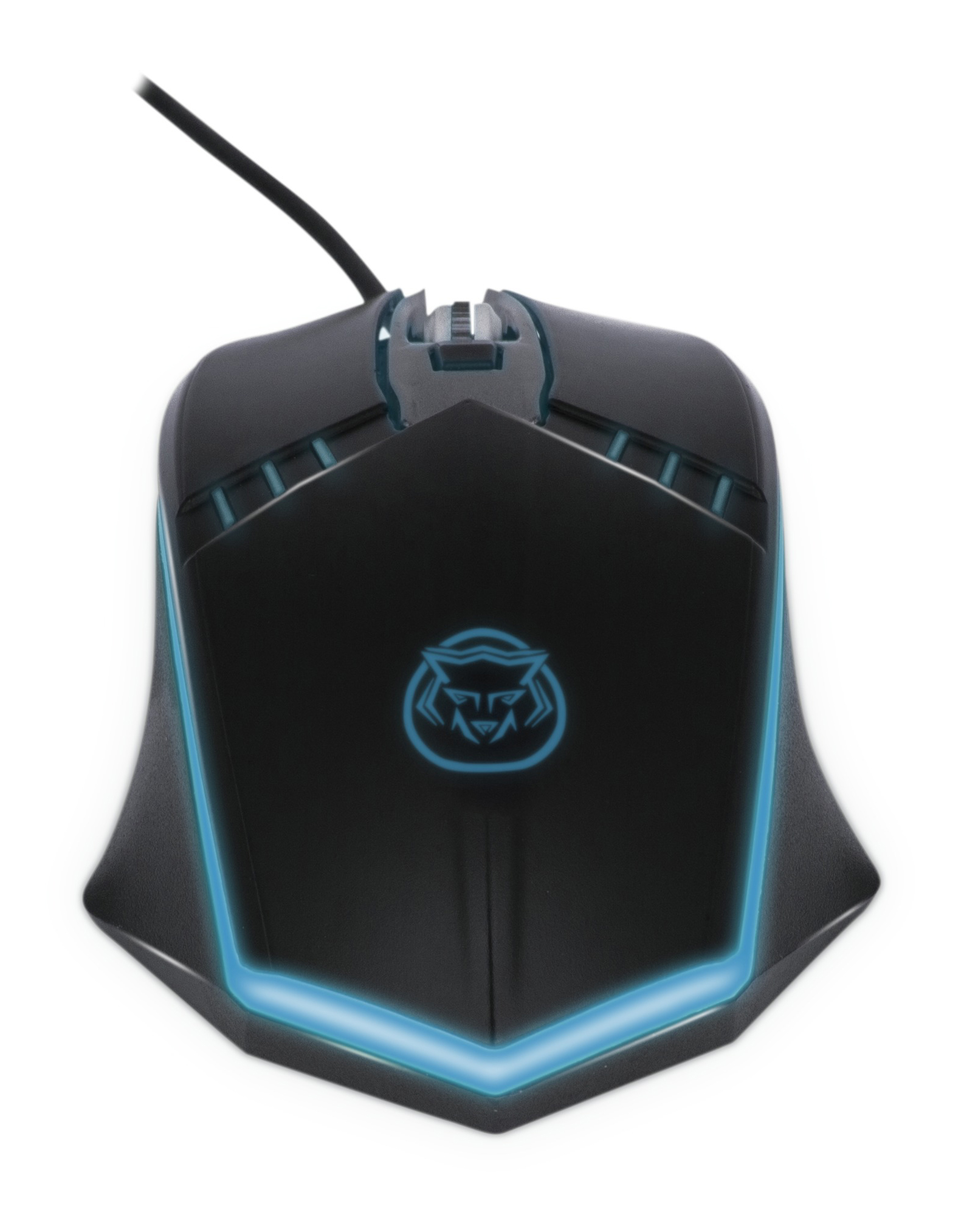 Black gaming mouse with blue LED lights, featuring a stylized logo.