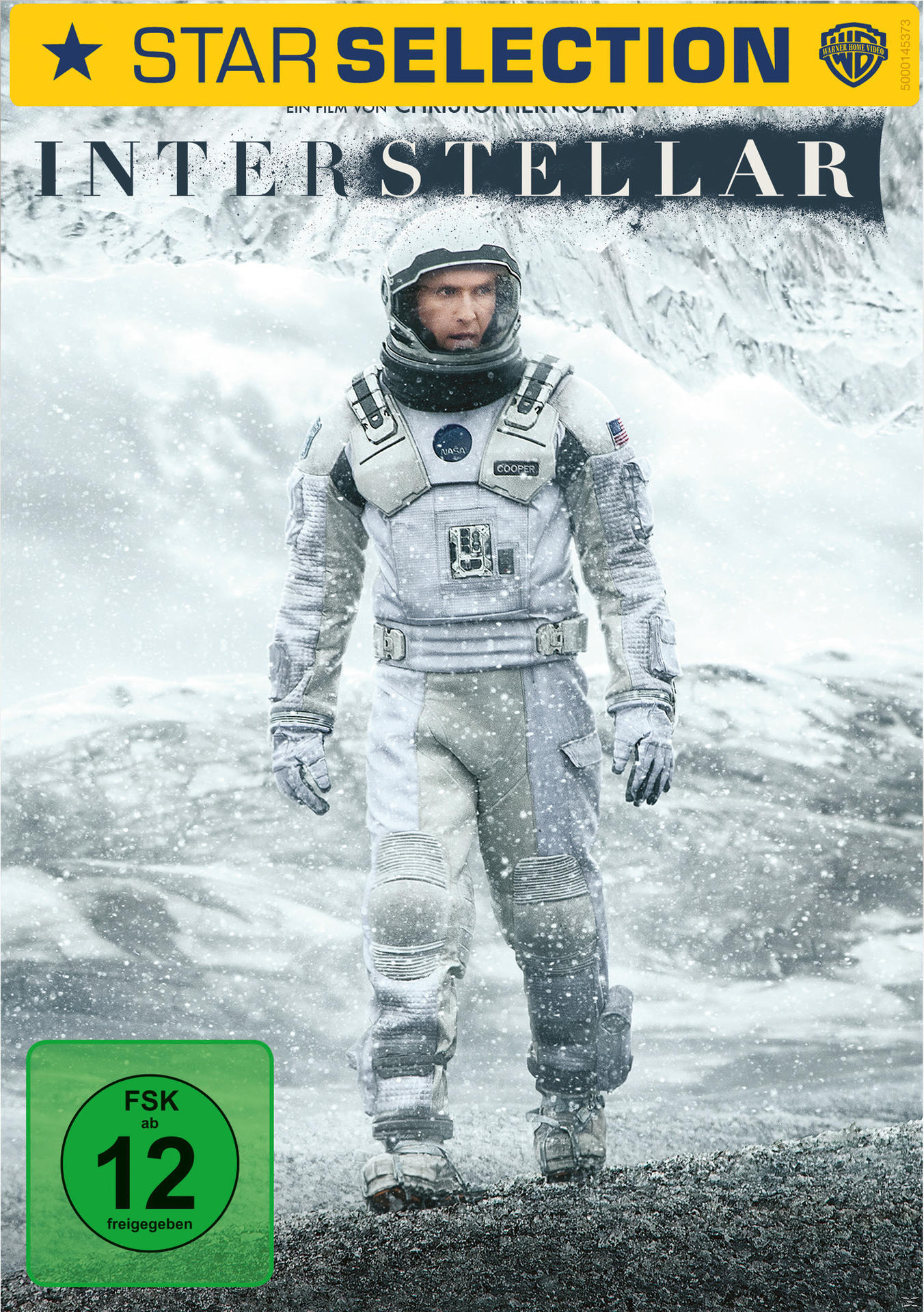 Filmcover. Astronaut im weißen Anzug auf schneebedecktem Berg, Titel 'Interstellar'.