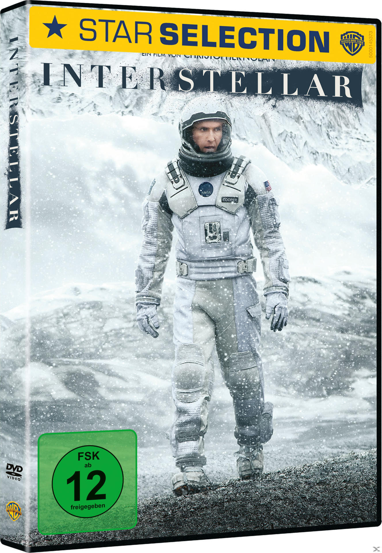 DVD-Cover des Films Interstellar, mit einer Person im Raumanzug und Schnee.