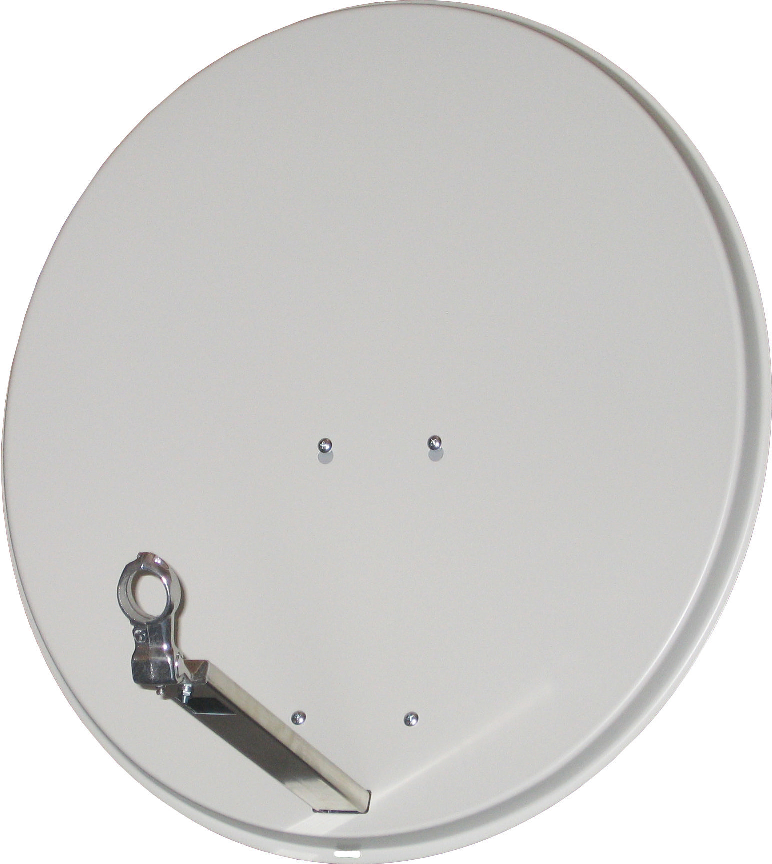 Eine weiße Satellitenschüssel mit silbernem Haltearm und Halterung.