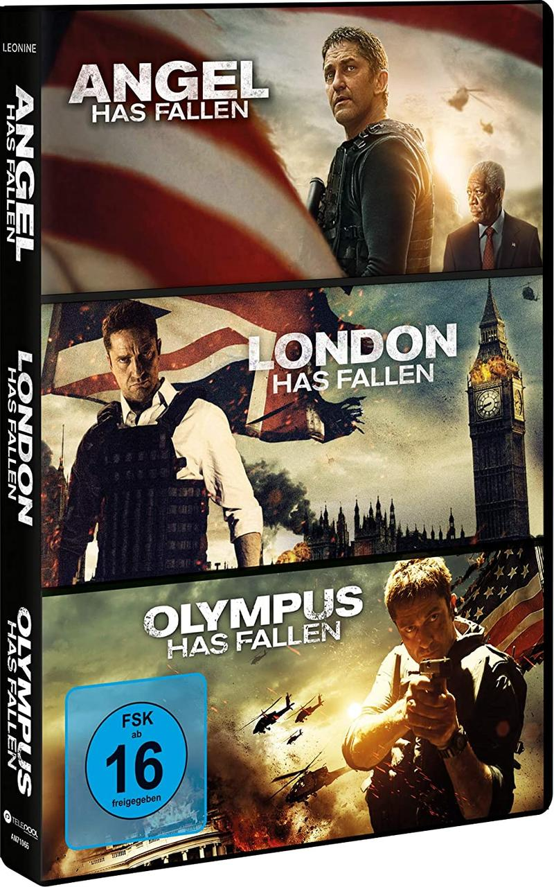 DVD-Box-Set mit drei Film-Covern: Angel Has Fallen, London Has Fallen und Olympus Has Fallen.