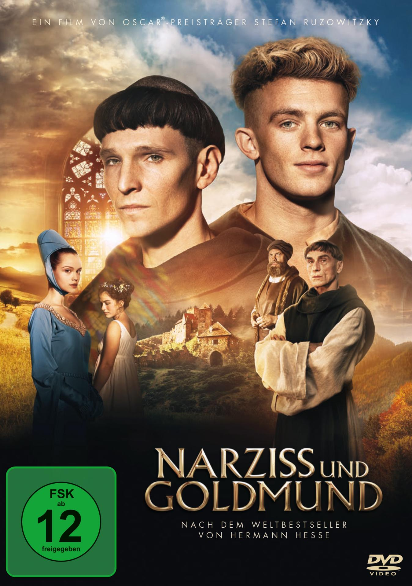 DVD-Cover für den Film Narziss und Goldmund. Zwei Männer stehen vor einem Gebäude.