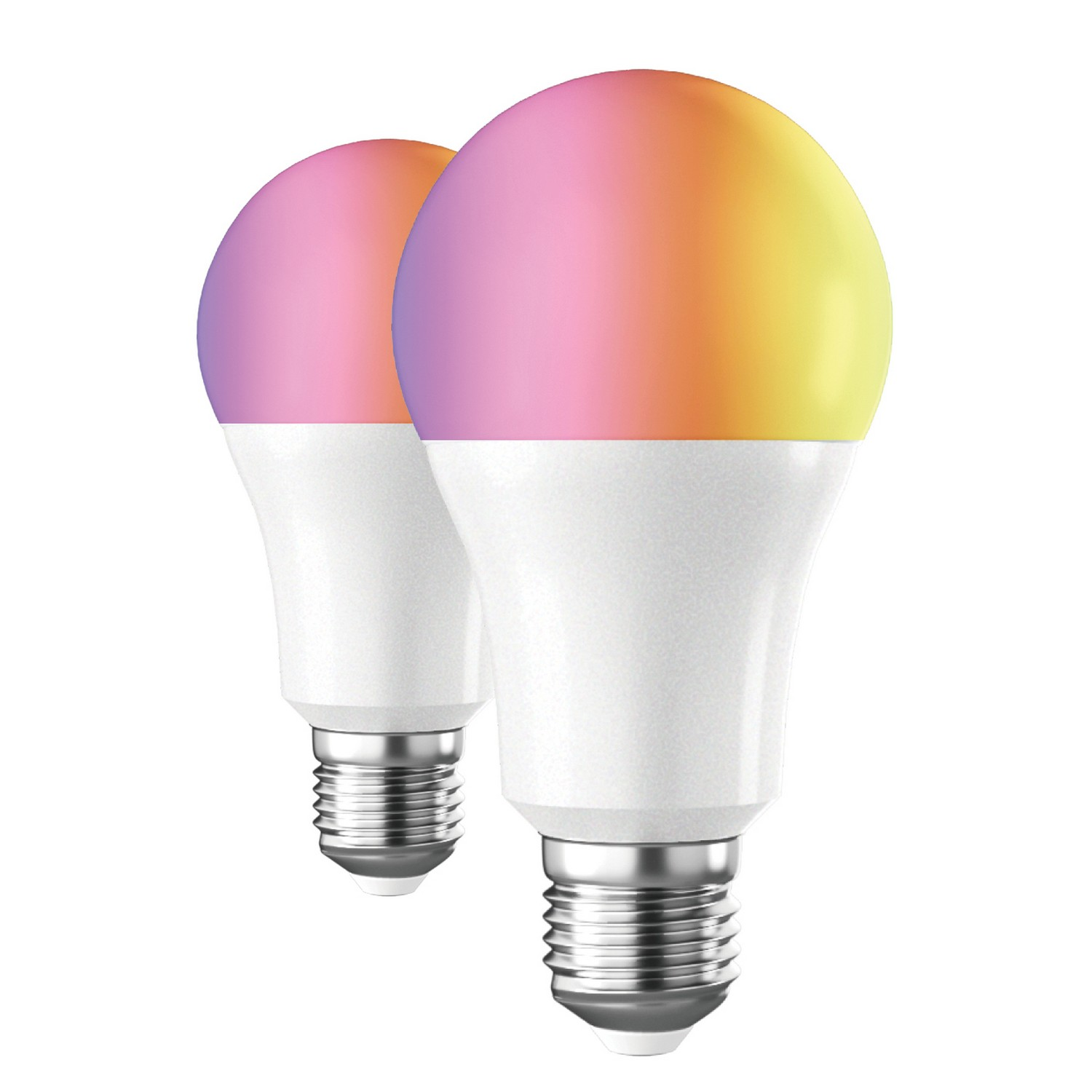 Dos bombillas LED con gradiente de color, una al lado de la otra, sobre fondo blanco.