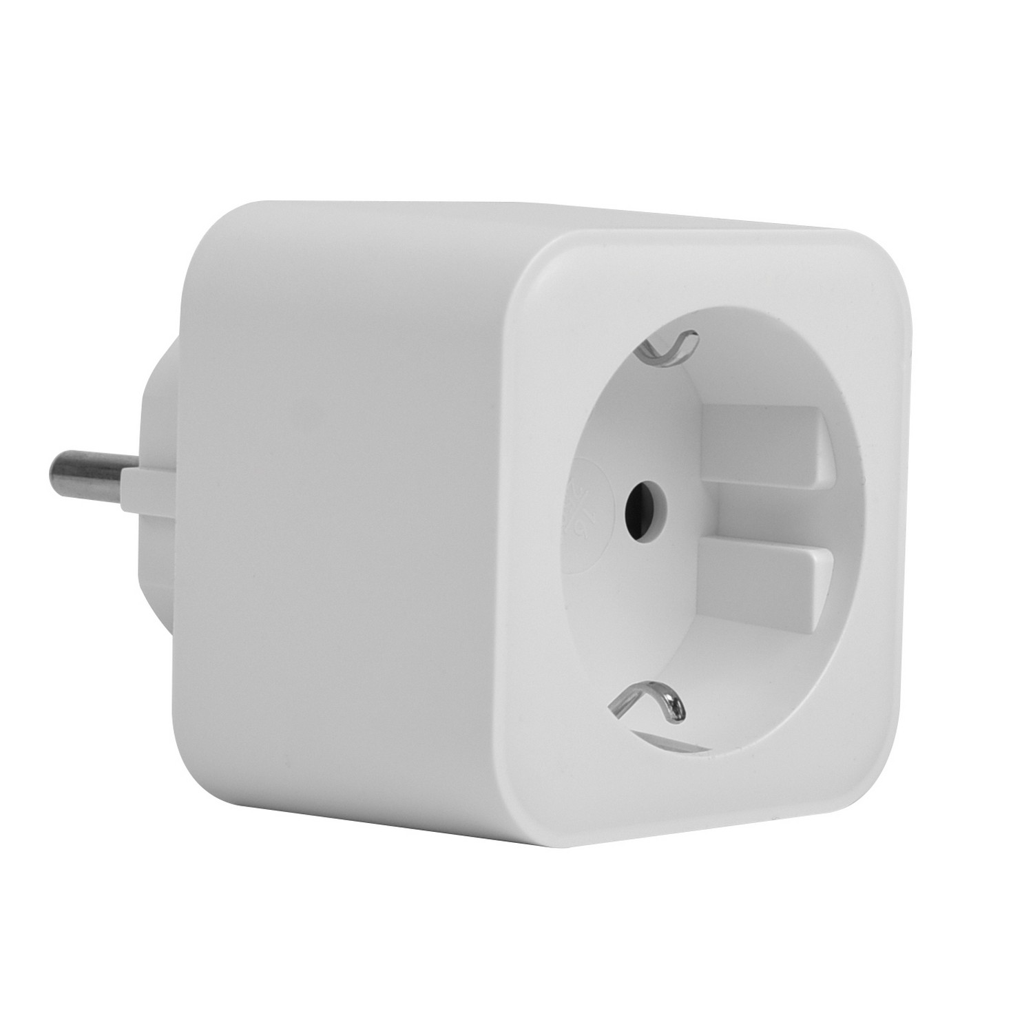 Adaptador de enchufe blanco. Tiene un enchufe y una clavija.
