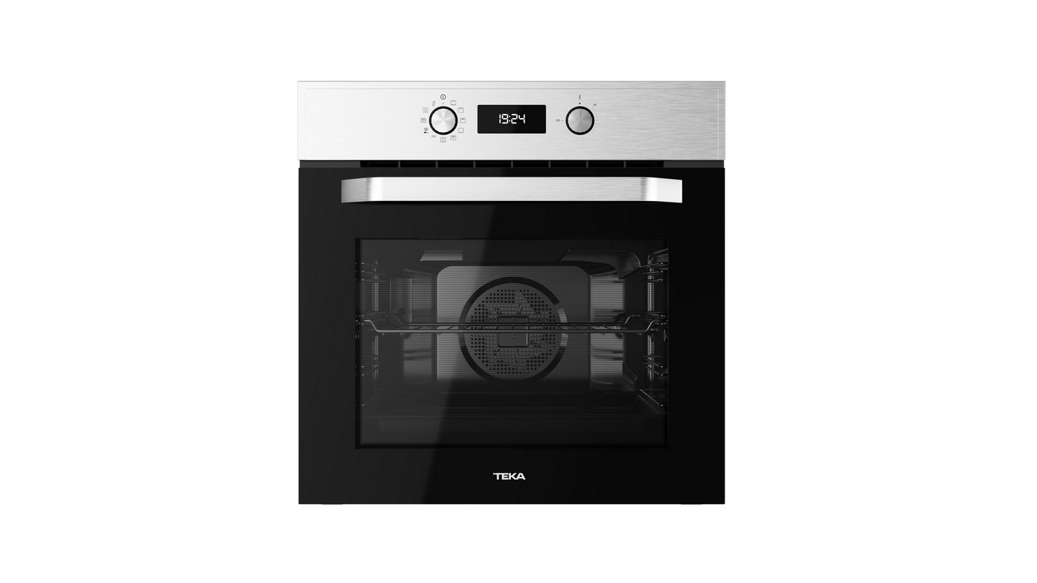 Horno plateado con puerta negra y pantalla digital. La parte superior es de acero inoxidable.