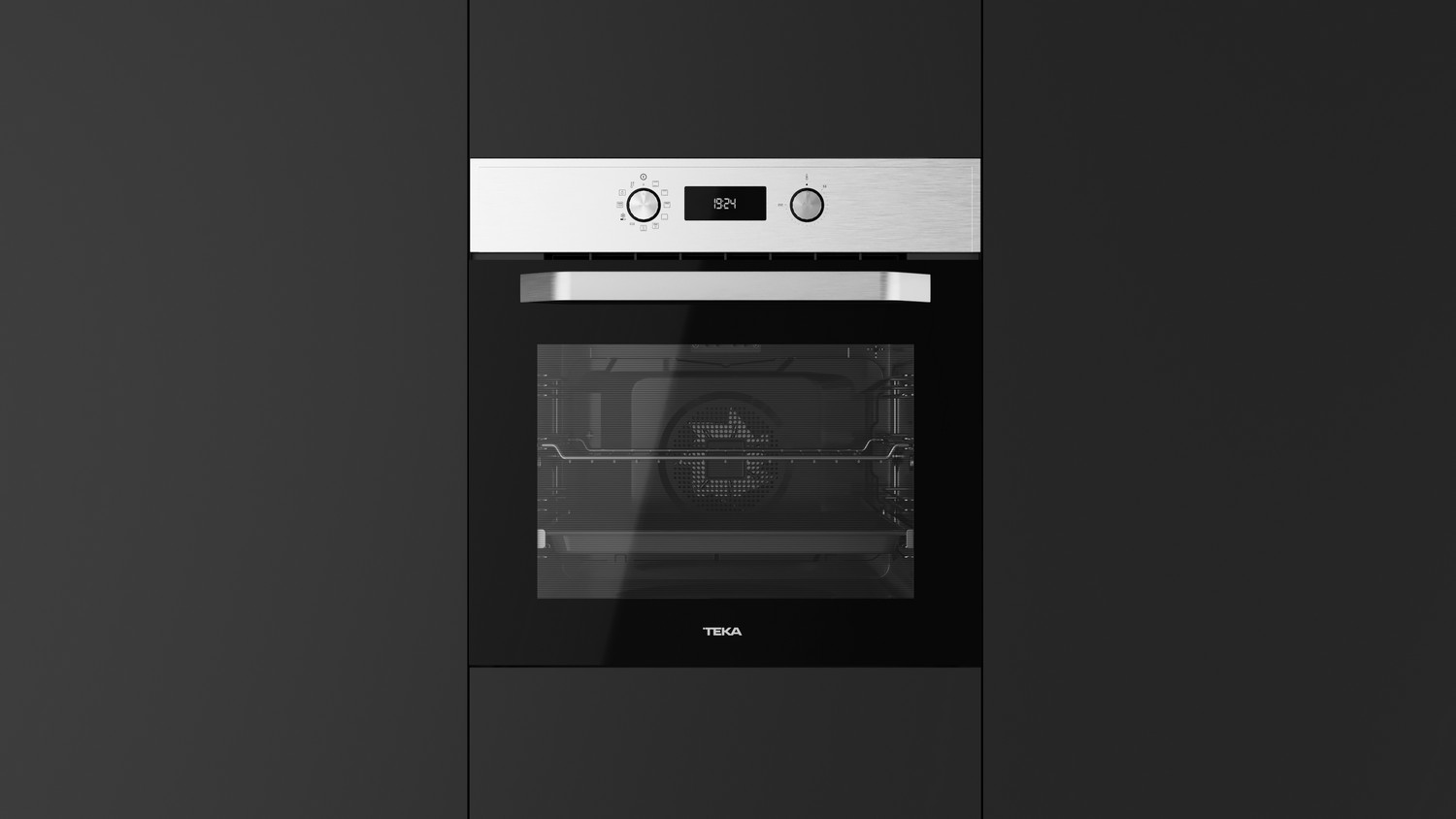 Horno empotrado, negro con parte superior de acero inoxidable. Pantalla digital muestra la hora. Diseño minimalista.