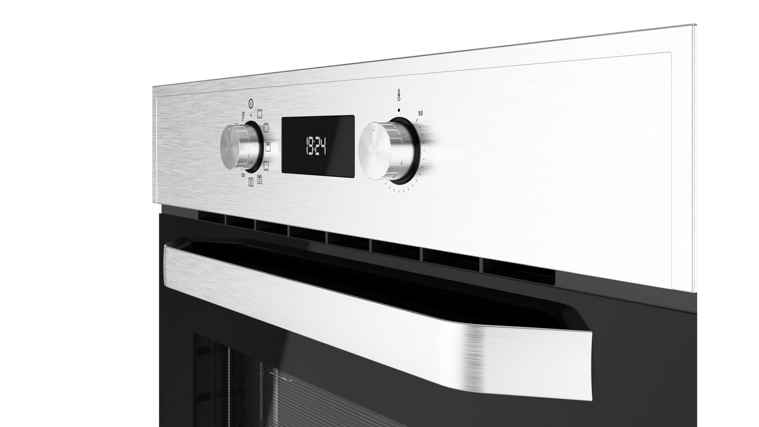 Primer plano de horno de acero inoxidable con pantalla digital que muestra 18:24.
