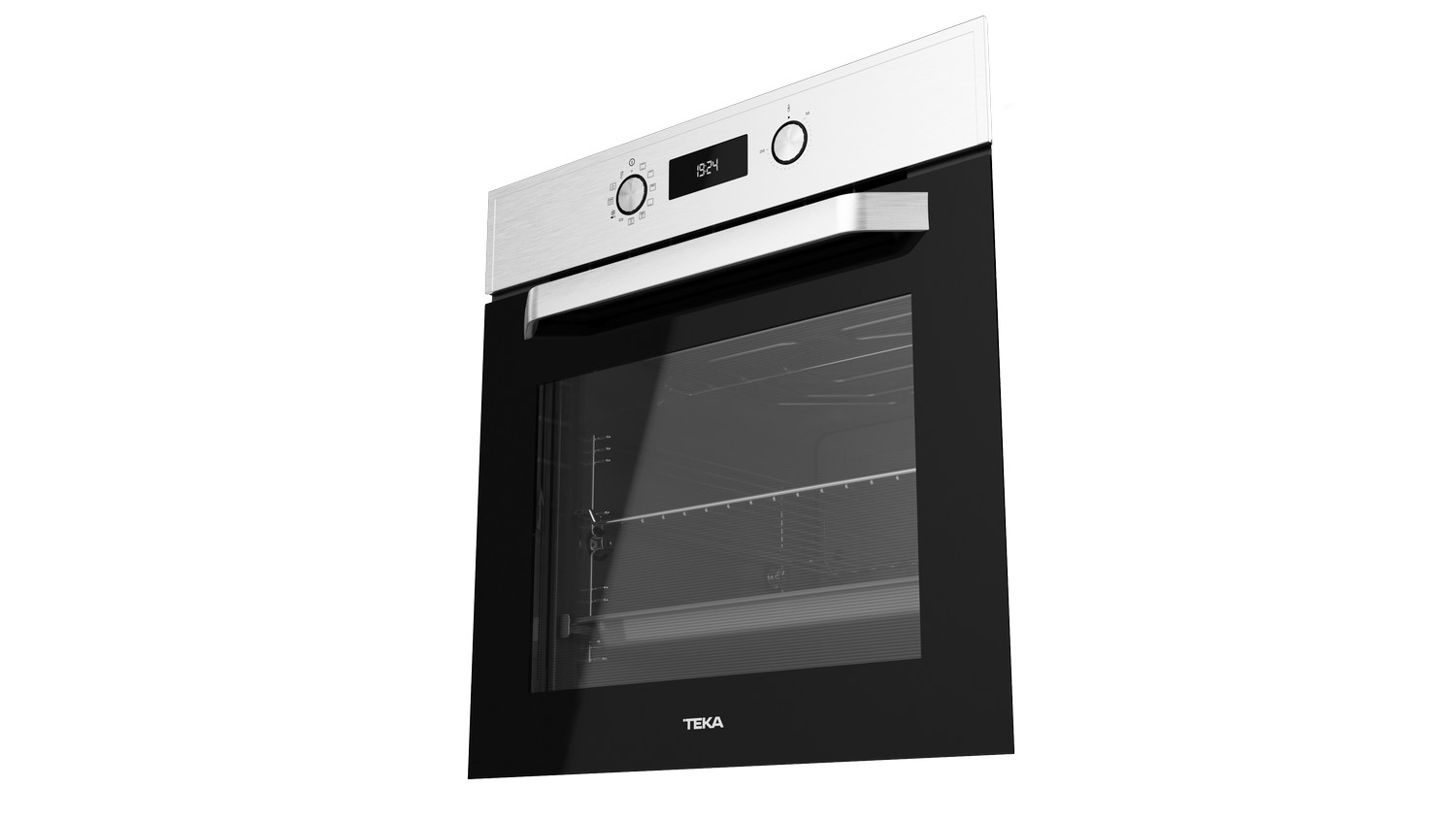 Horno Teka negro. Puerta de vidrio, borde de acero inoxidable. Fondo blanco.
