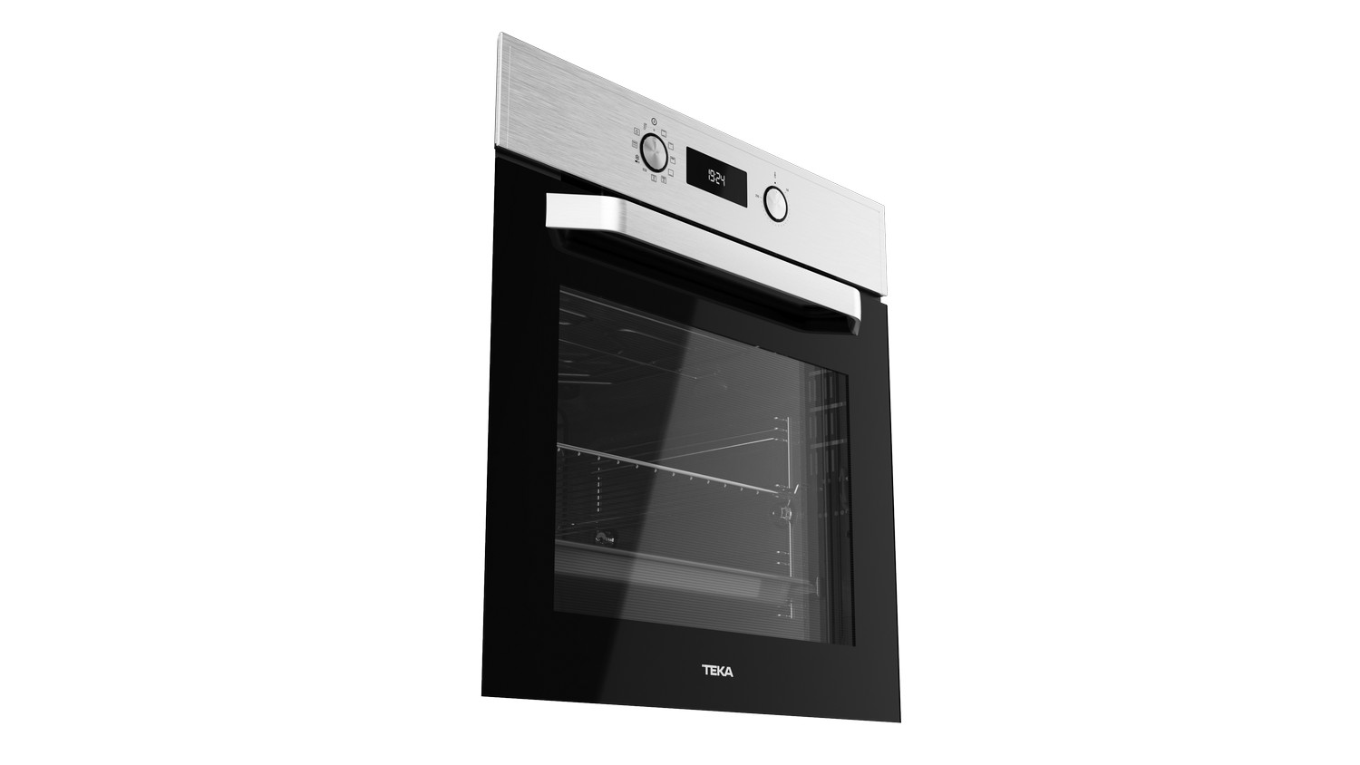 Un horno empotrado de acero inoxidable y negro, con puerta abierta, mostrando el interior y los controles.
