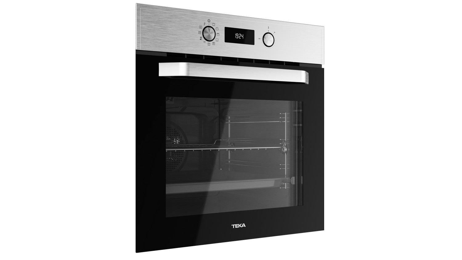 Horno de acero inoxidable con puerta negra. El panel de control está en la parte superior con pantalla digital.