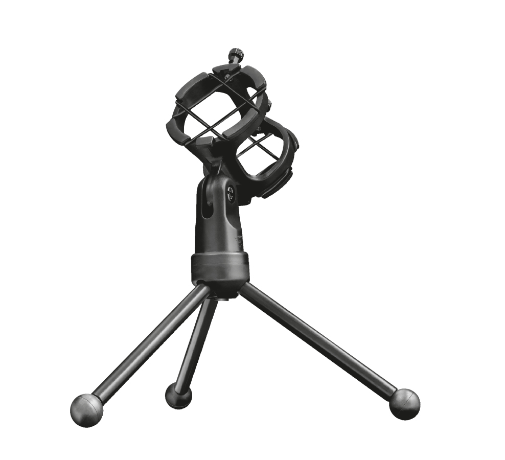 Soporte de micrófono negro con base de tres patas. El micrófono está en una estructura en forma de jaula.
