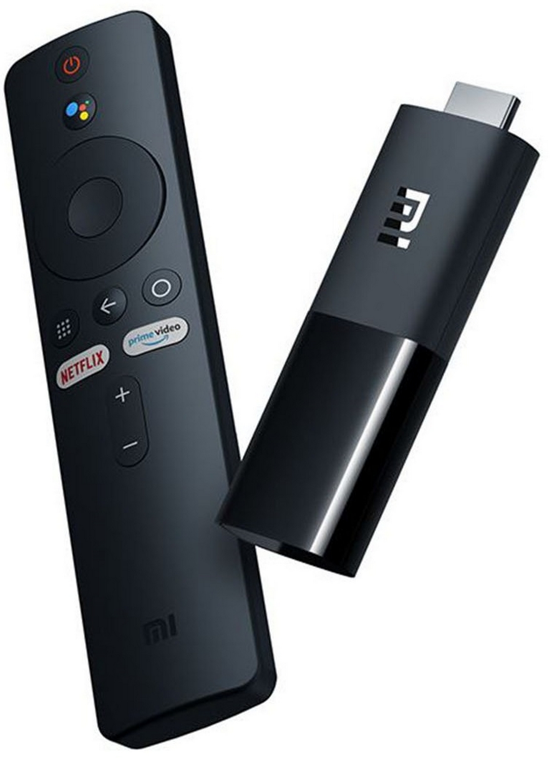 Mando a distancia negro y un stick de streaming negro. Botones de Netflix y Prime Video visibles.