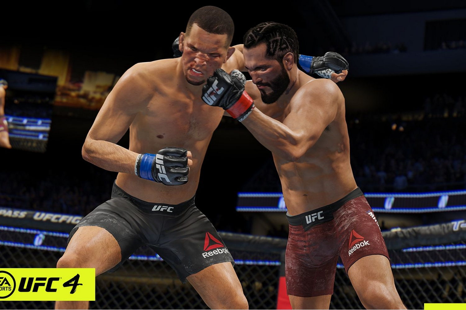 Escena del videojuego UFC 4 con dos luchadores en el ring, toma de acción.