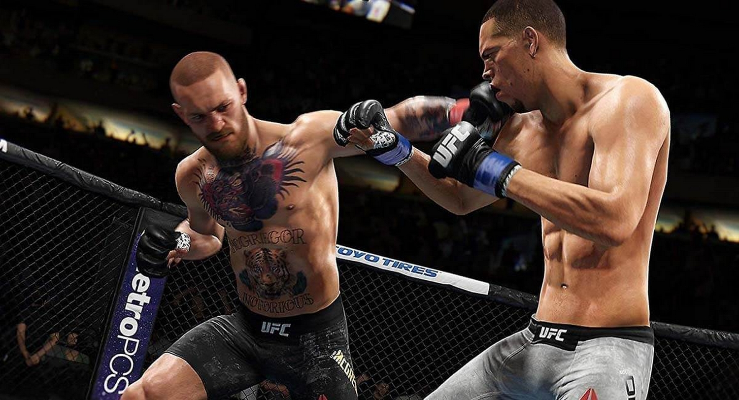 Luchadores de UFC en acción, uno golpeando al otro en la cara.