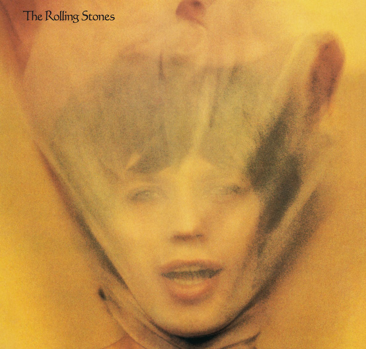 A Rolling Stones album borítója. Egy arc megnyúlt és elmosódott, sárga háttérrel.
