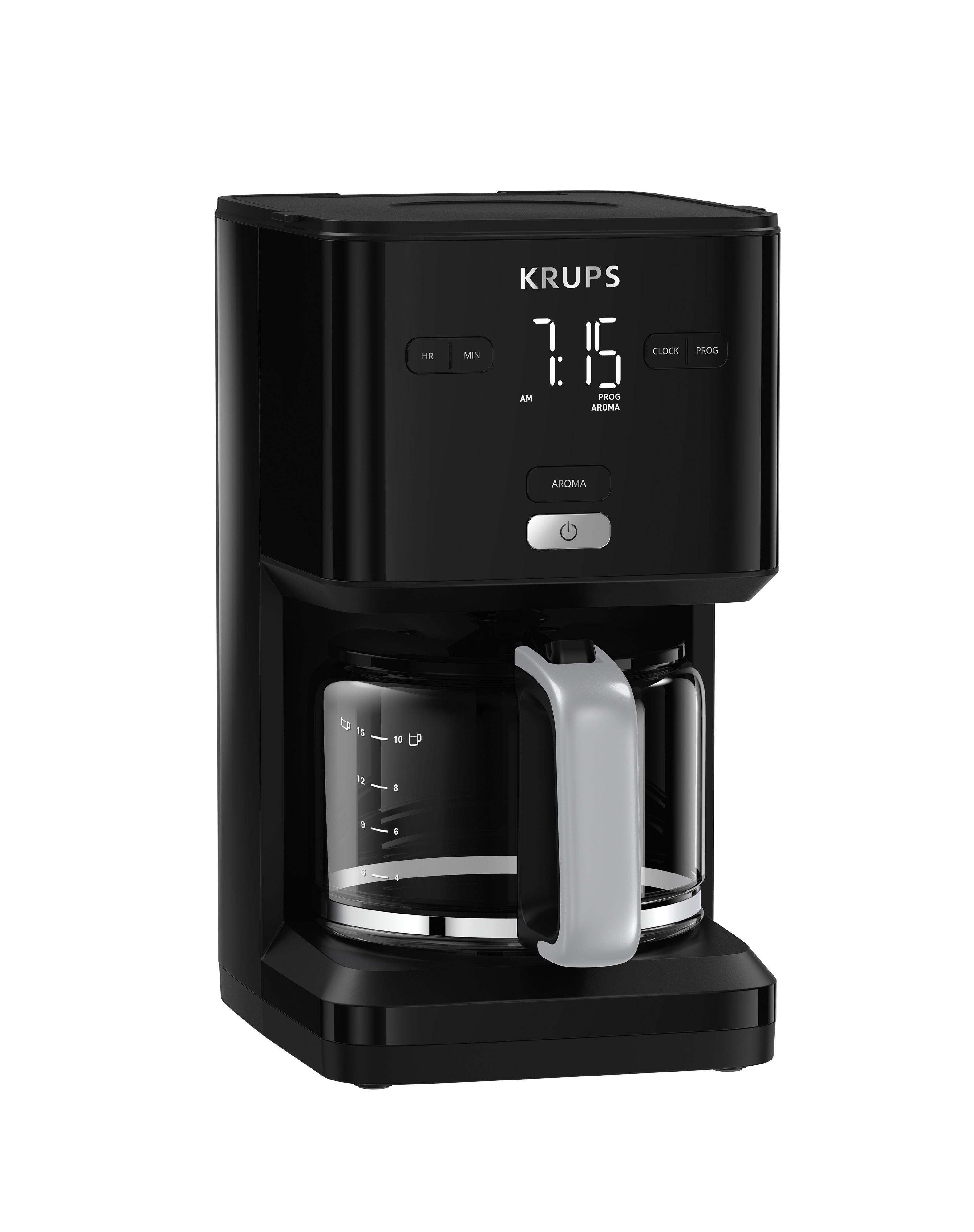 Schwarze Krups Kaffeemaschine mit Digitalanzeige, zeigt Zeit, mit Glaskaraffe.