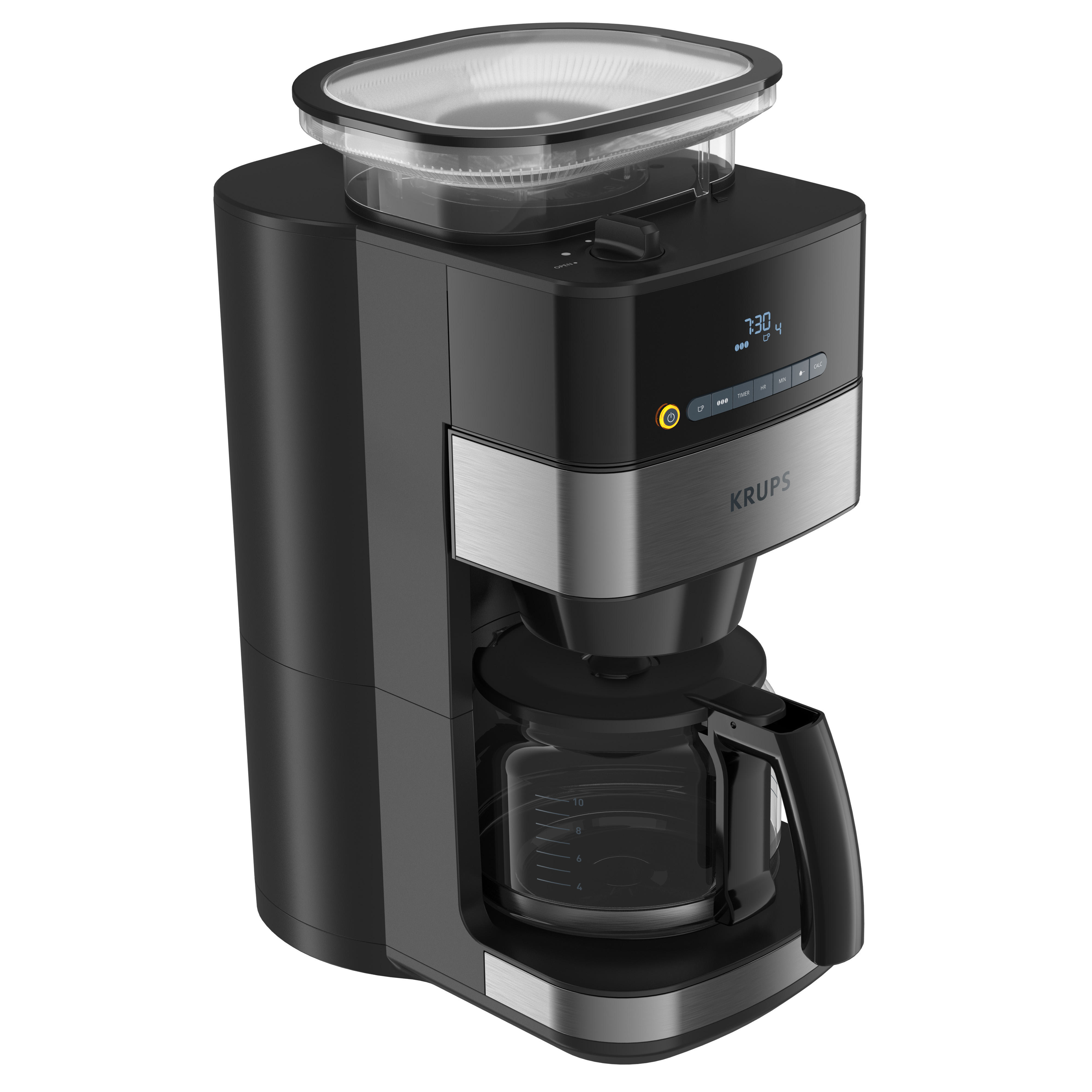 Schwarze und silberne Kaffeemaschine mit einem transparenten Bohnenbehälter und einer Glaskaraffe.