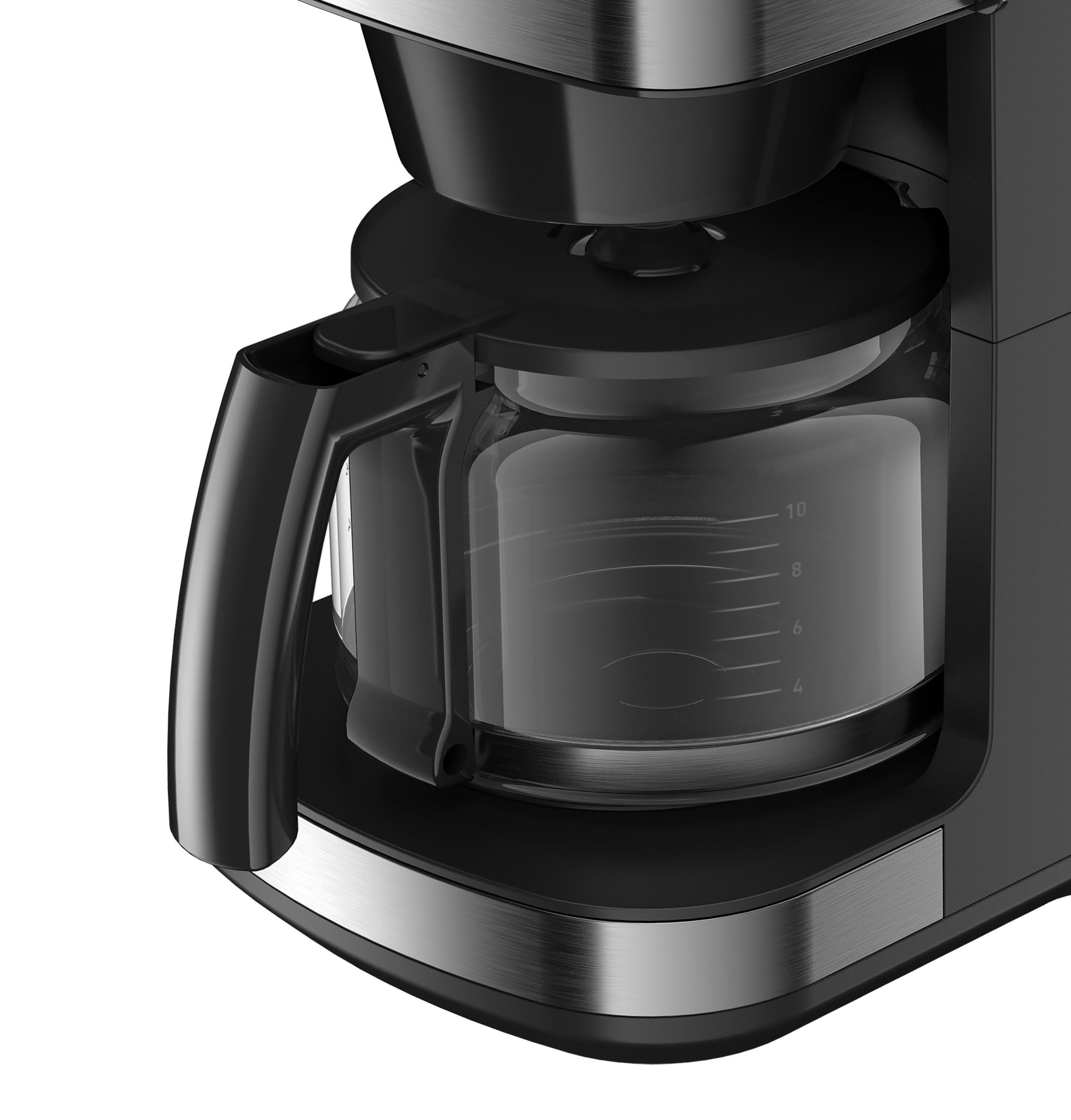 Nahaufnahme einer schwarz-silbernen Kaffeemaschine mit einer Glaskaraffe. Die Karaffe hat Markierungen.