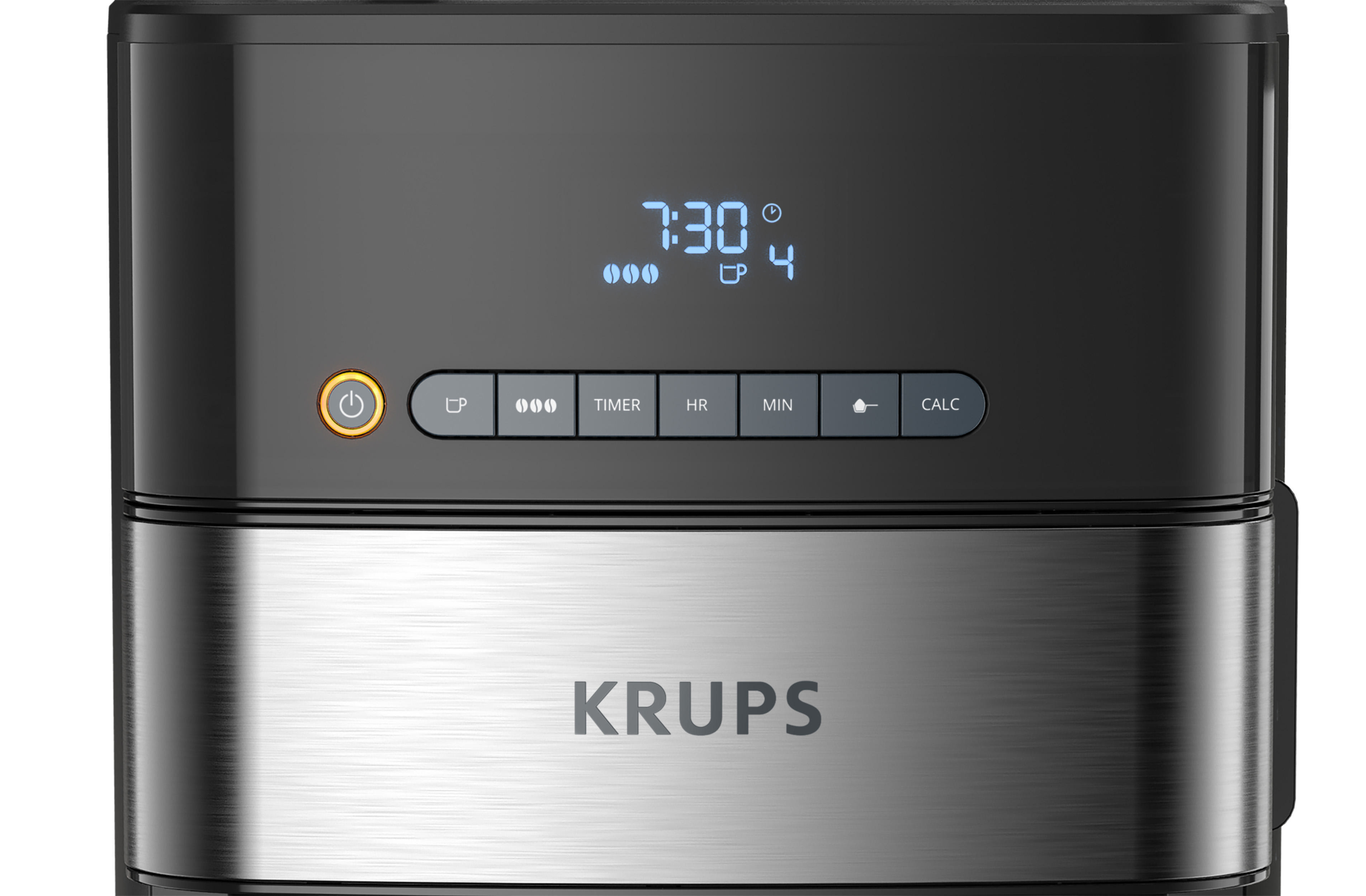 Schwarz-silberne Krups Kaffeemaschine. Zeigt Uhrzeit, Tassen-Symbol und Tasten. Weißer Hintergrund.