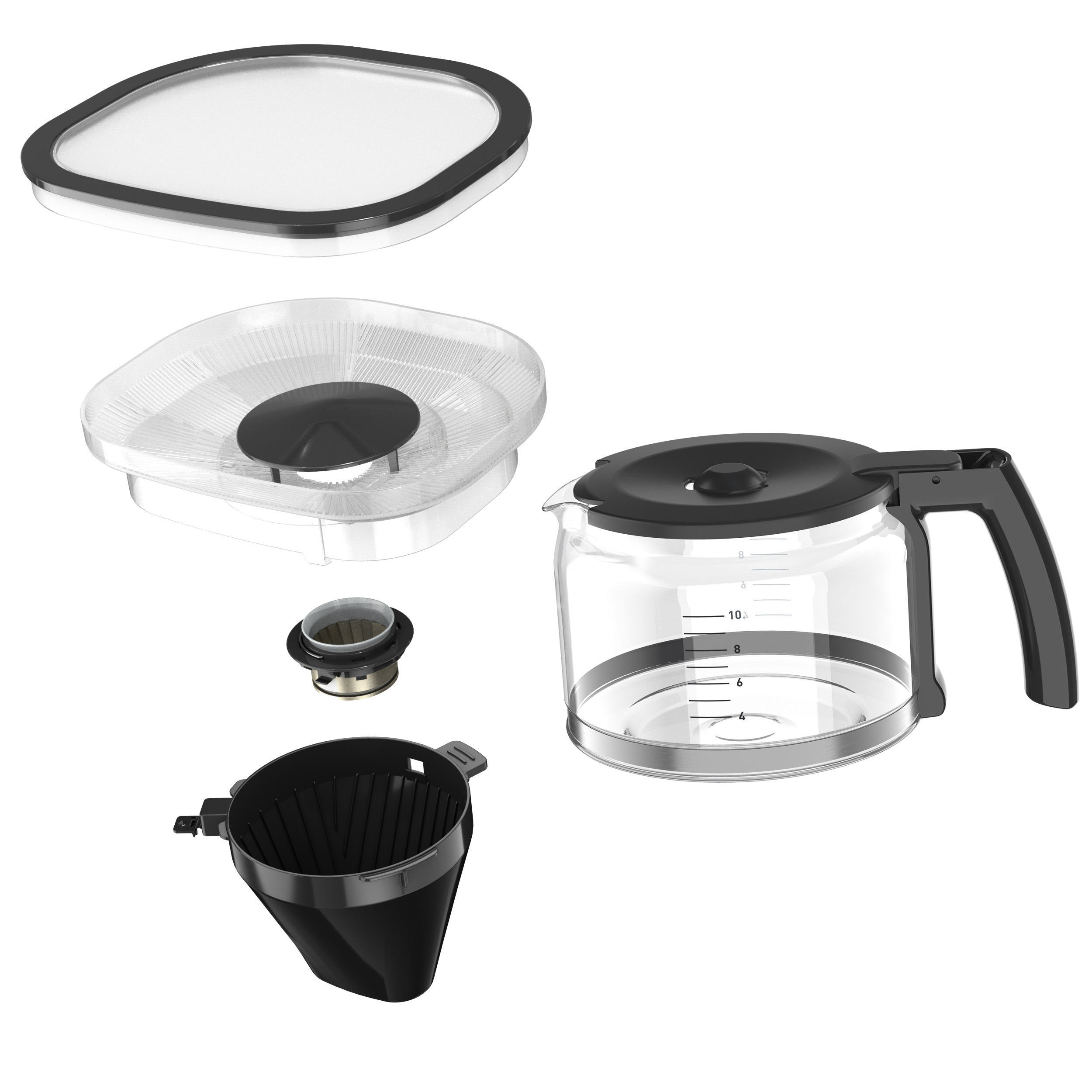 Kaffeemaschinenkomponenten: eine Karaffe, Filterhalter, Deckel und Filterkegel.